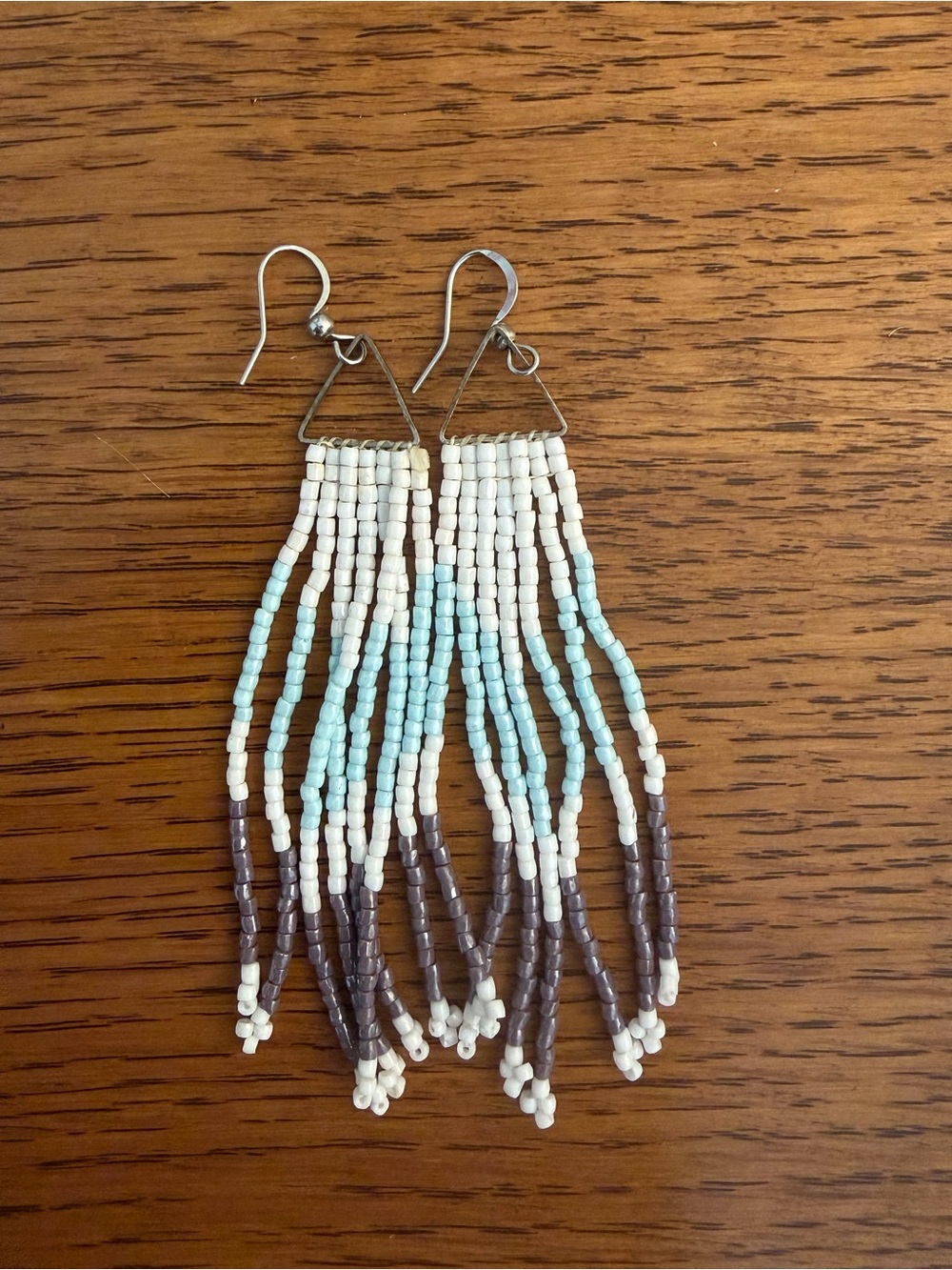 Handmade Montana White, Light Blue and Brown Beaded Fringe Earrings